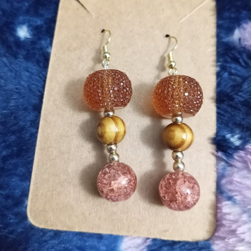 Tan Boho crystal statement earrings drop dangling earrings hand crafted